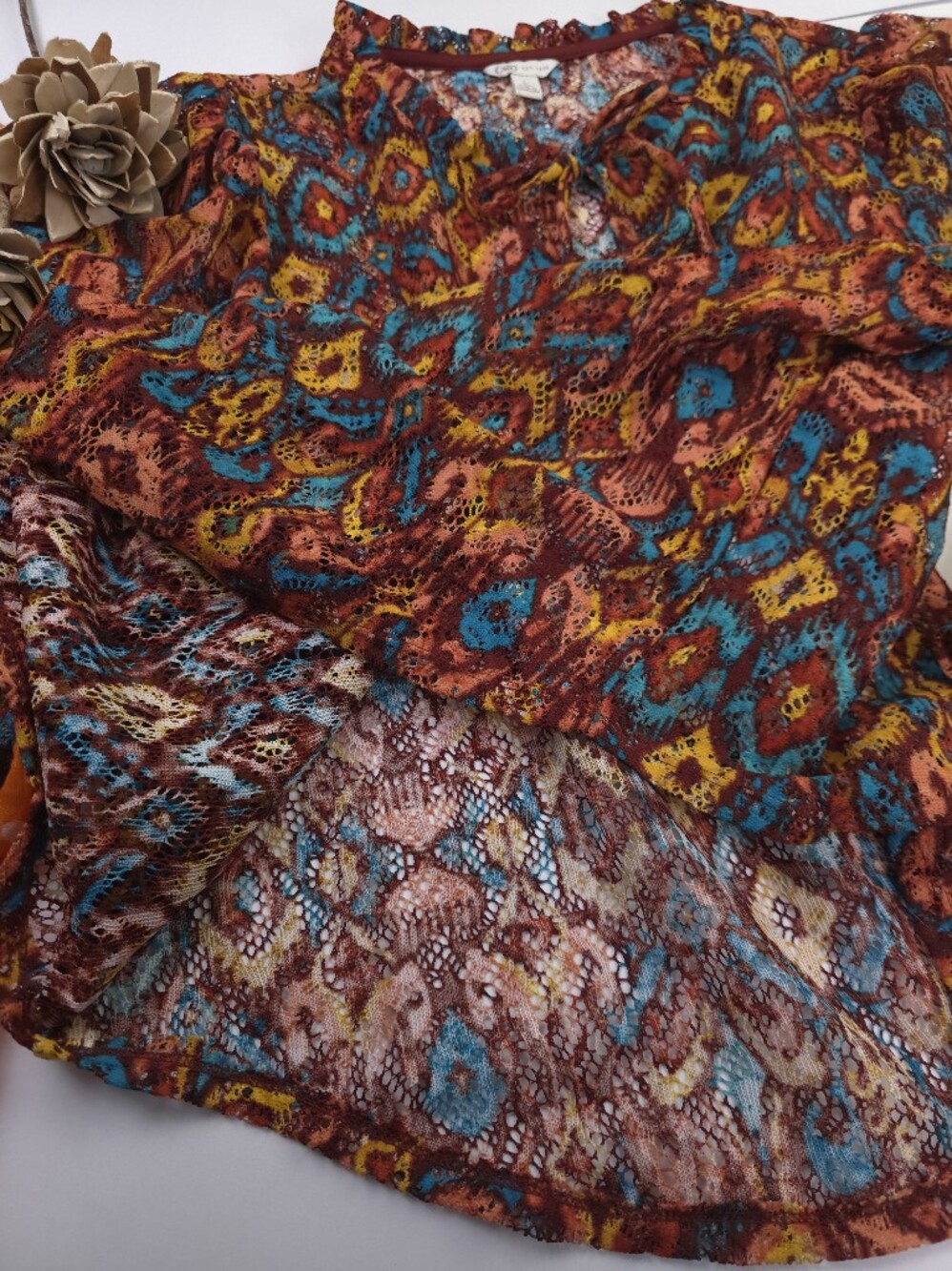 Cato Boho Printed Sheer Blouse in Rust Multicolor Sz L - Picture 8 of 11